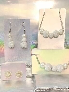 Elegant White Pearl & Bead Necklace and Earring Set